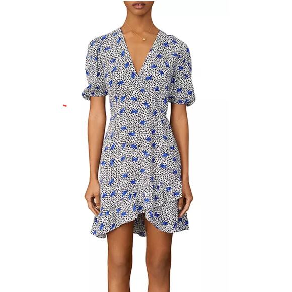 Maje Dresses & Skirts - Maje Ripensee Blue Floral Print V Neck  Dress Puff Sleeve Romantic Women's